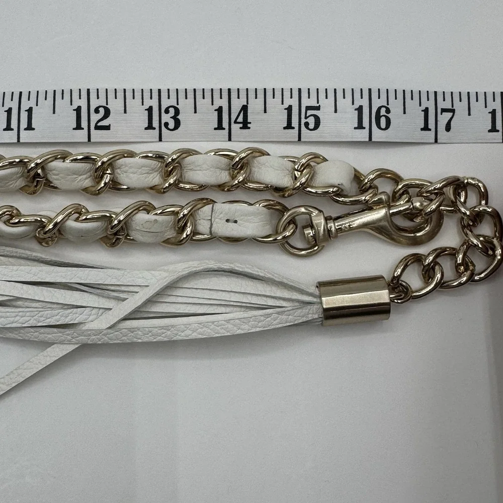MICHAEL KORS Gold Tone Stainless Steel Metal Chain Belt White Vegan Tassel Sz S